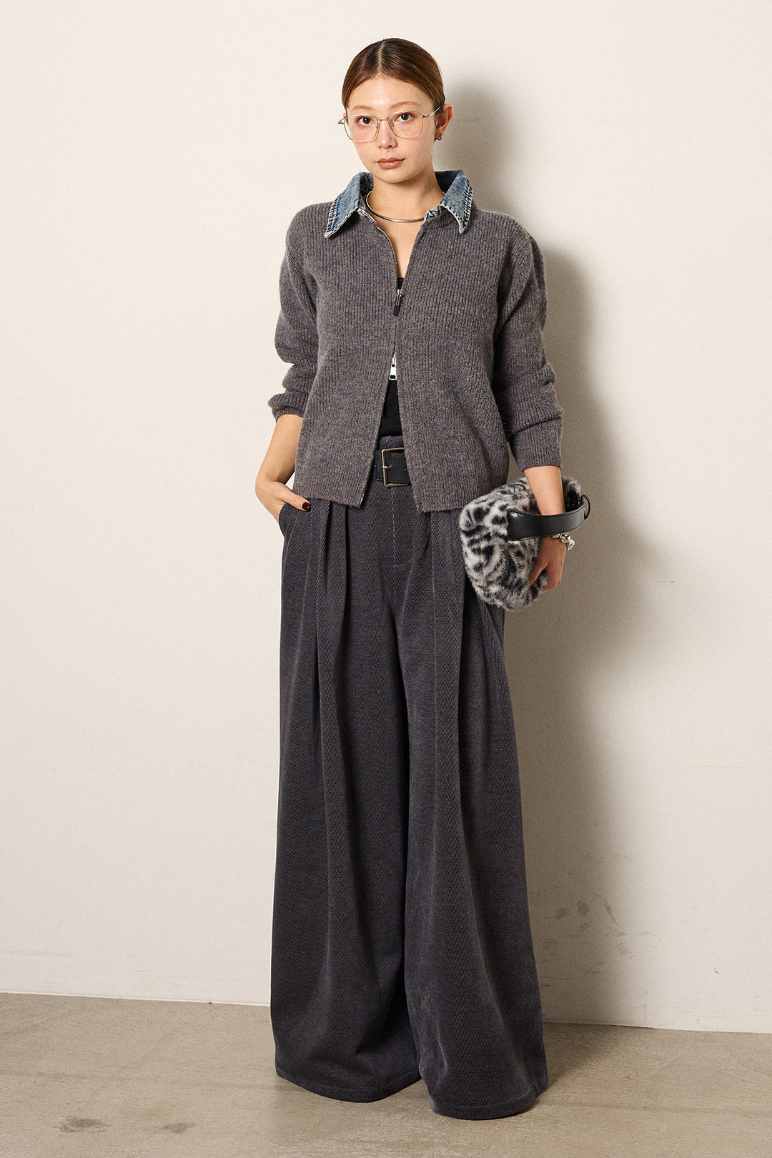 [SET]デニム襟ダブルジップニットトップス+ベルトループコーデュロイワイドパンツ(2set)