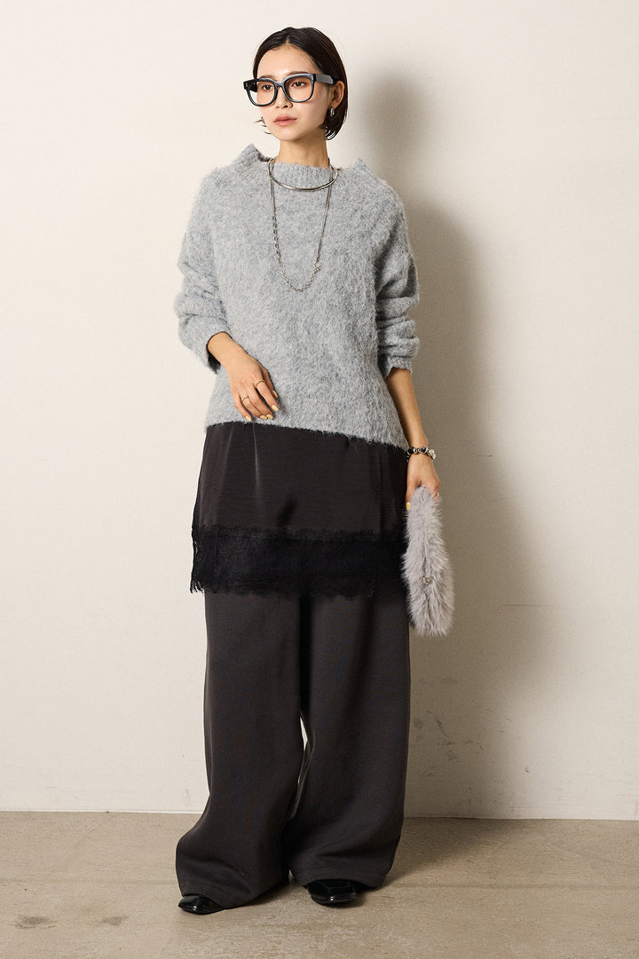 [SET]アルパカタッチオフショルニット+裏起毛スウェットワイドパンツ(2set)