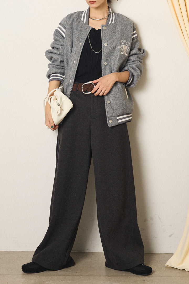 [SET]ワンポイントデザインブルゾン+編みベルト付きワイドパンツ(2set)