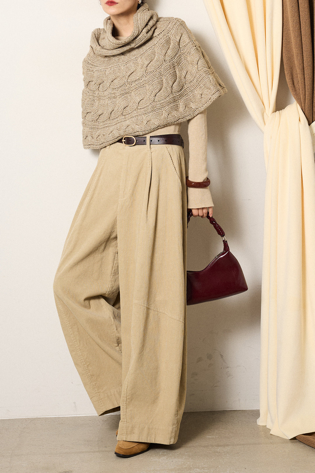 [SET]ケーブル編みケープレイヤードニット+タック入りコーデュロイワイドパンツ(2set)