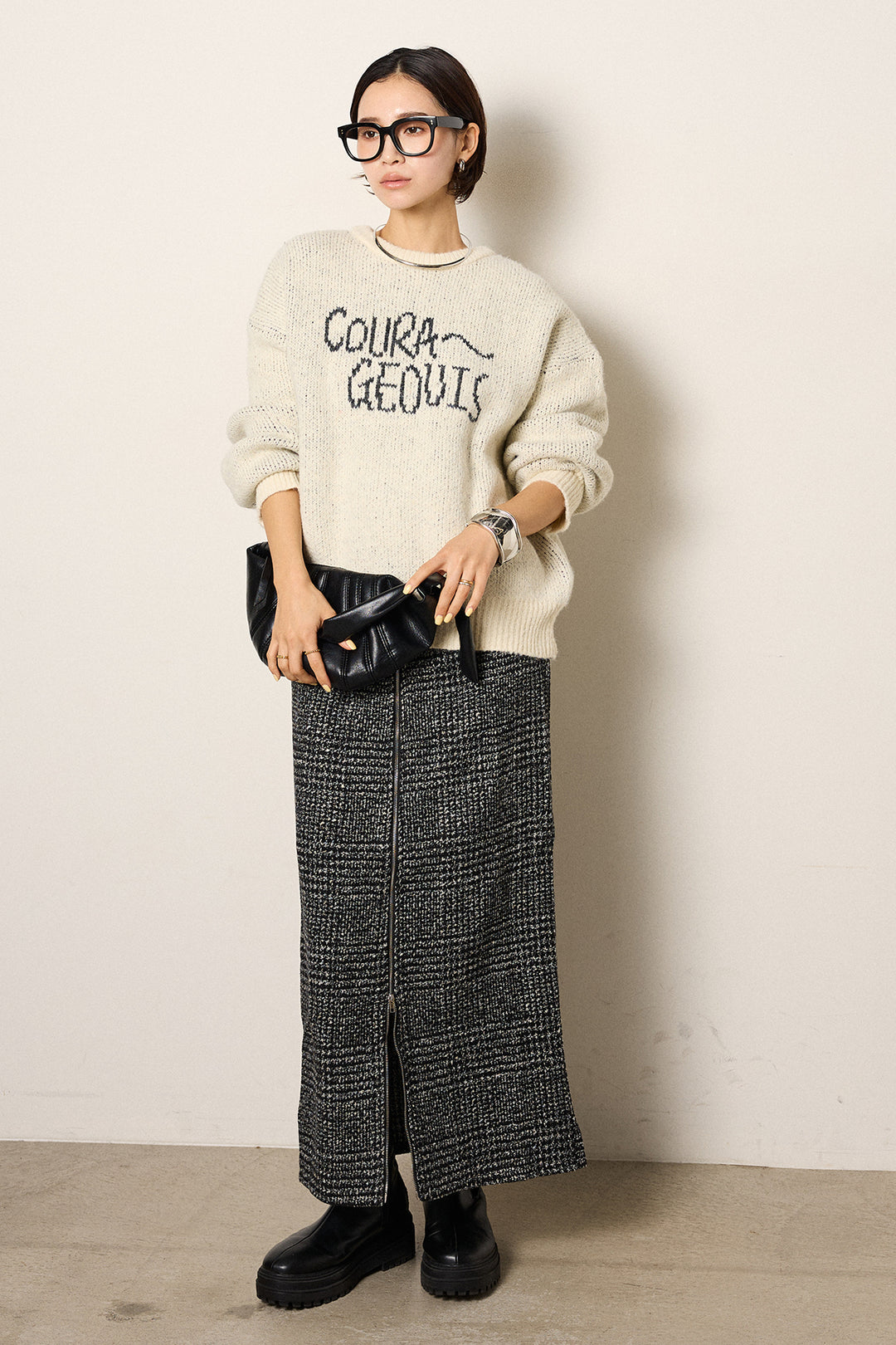 [SET]ロゴシャギーニットプルオーバー+グレンチェック柄フロントジップタイトスカート(2set)