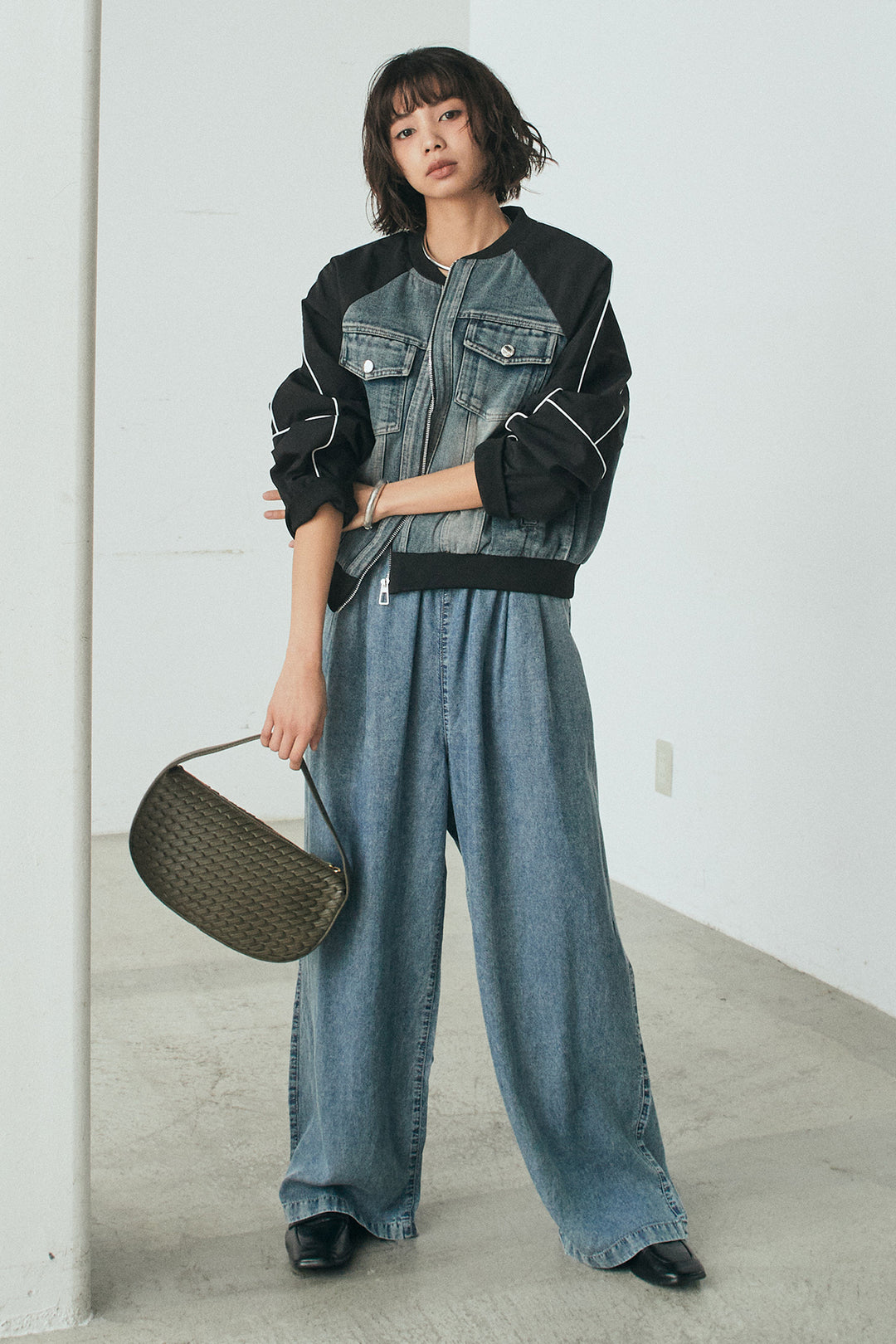 [SET]ナイロンデニムドッキングブルゾン+テンセルデニムイージーワイドパンツ(2set)