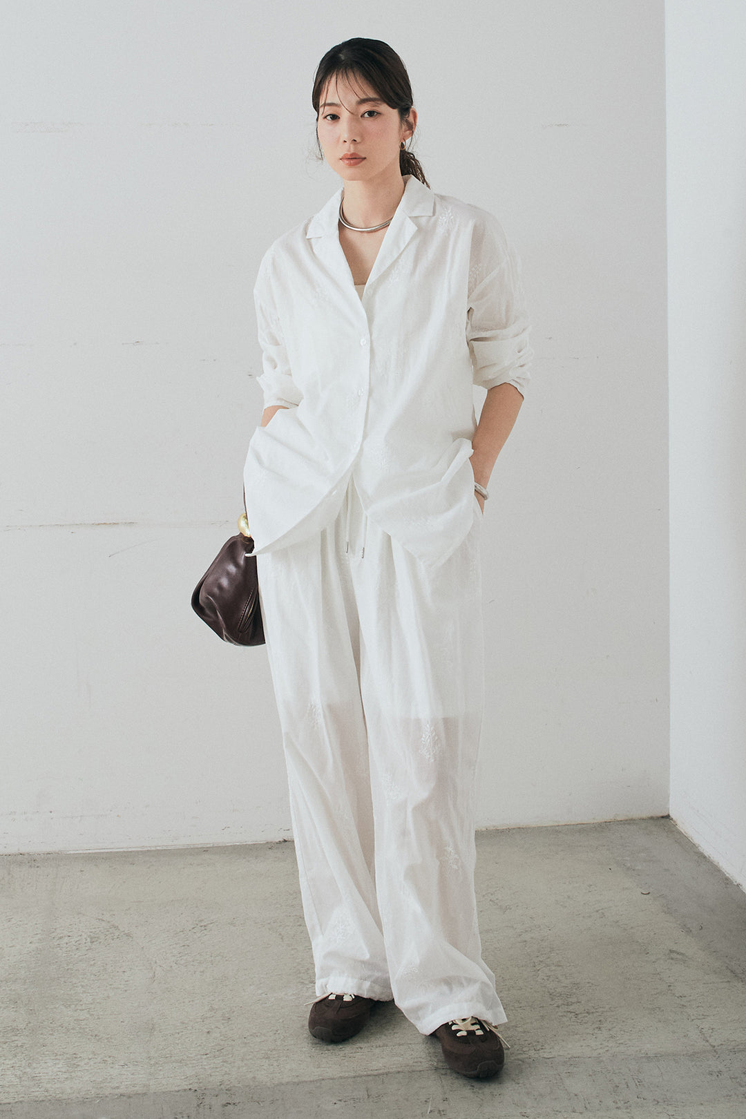 [SET]刺繍ローンオープンカラーシャツ+刺繍ローンタックイージーパンツ(2set)