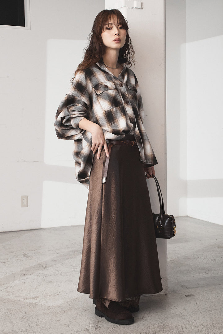 [SET]オンブレーチェックビッグシルエットCPOシャツ+裾レースデザインサテンスカート(2set)