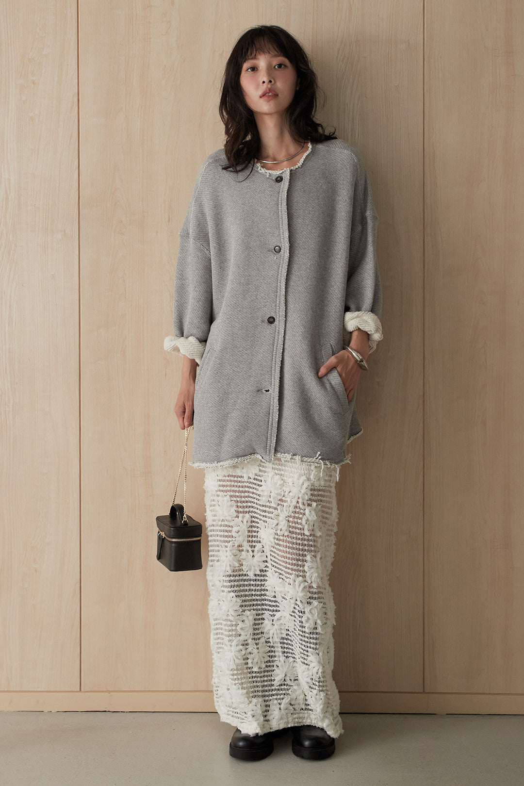 [SET]ノーカラー裏毛ボタンアウター+レース刺繍フラワーモチーフ柄スカート(2set)