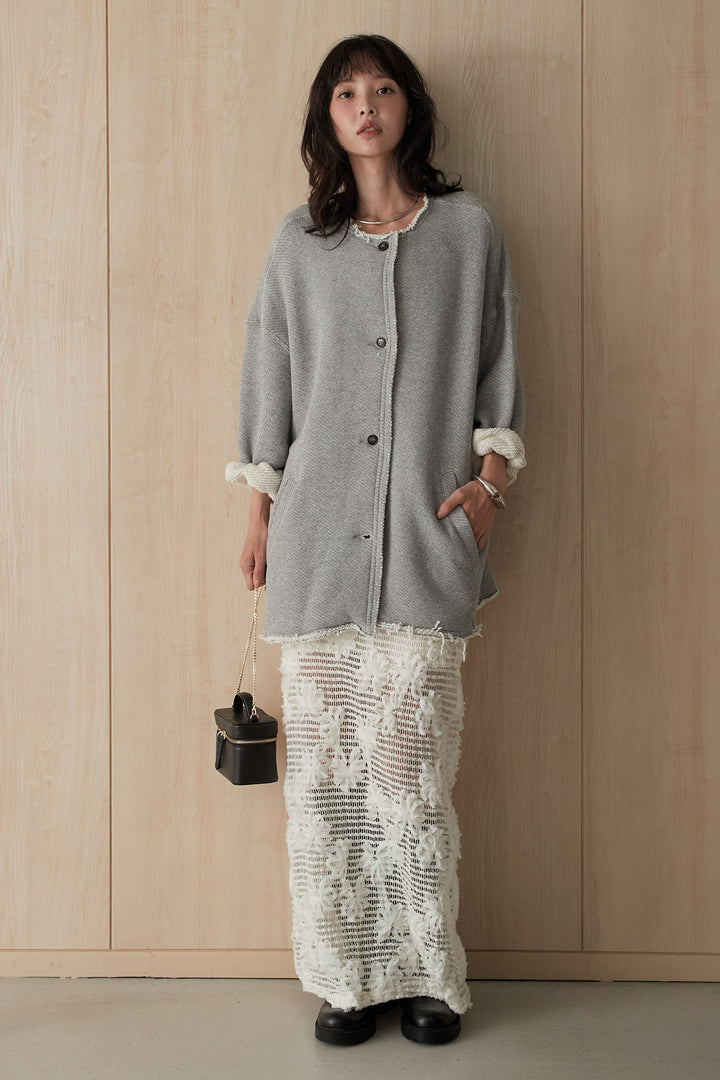 [SET]ノーカラー裏毛ボタンアウター+レース刺繍フラワーモチーフ柄スカート(2set)