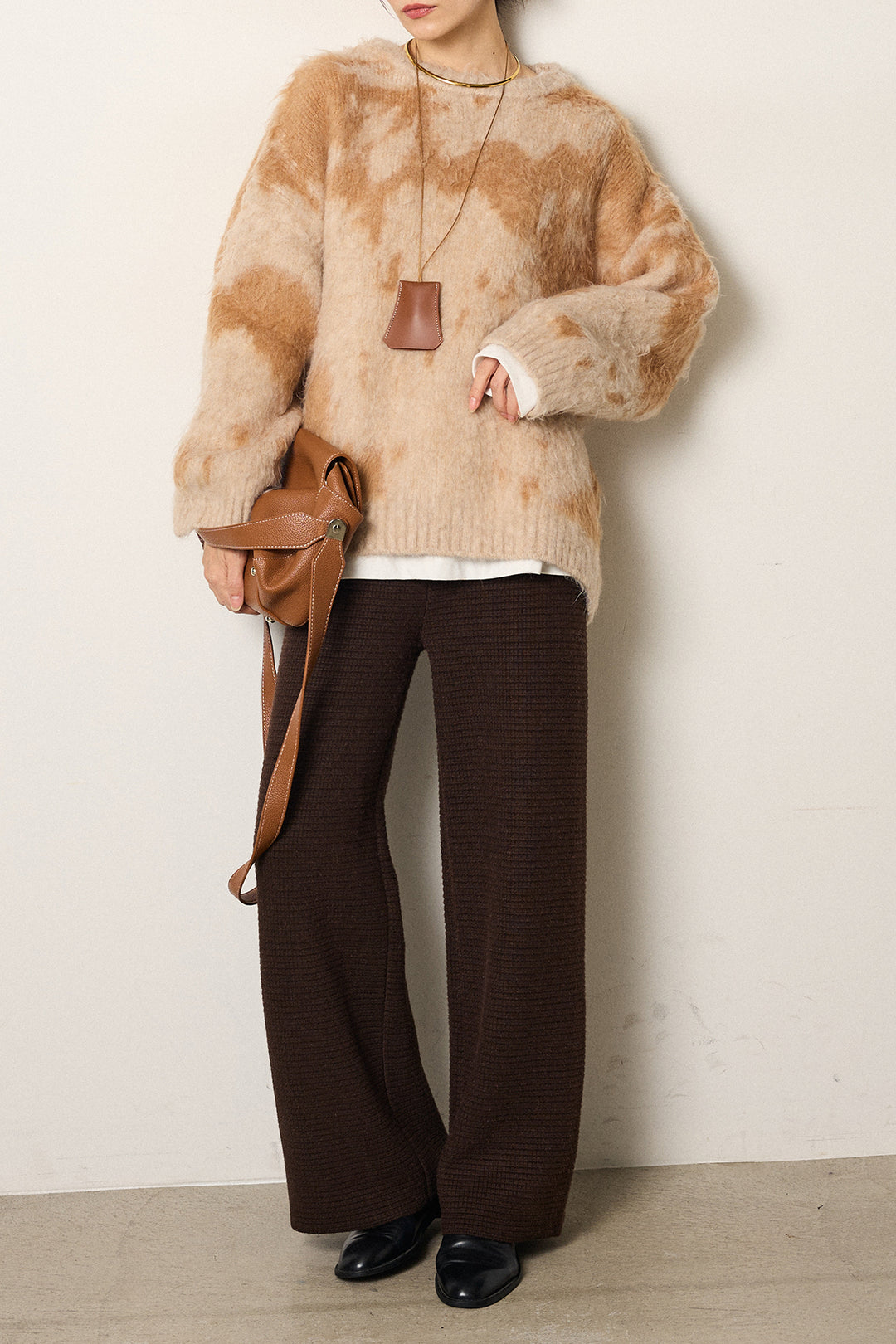 [SET]モヘアタッチマーブルニット+ワイドリブニットイージーパンツ(2set)