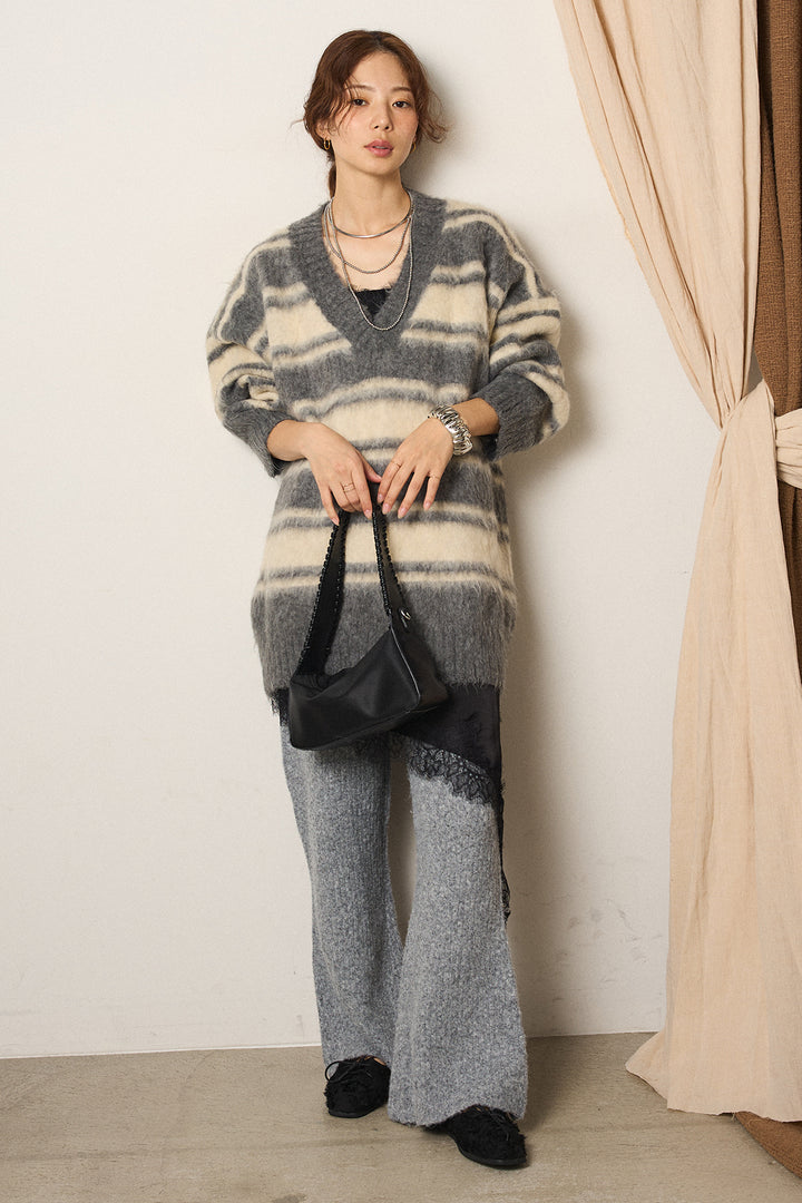 [SET]ルーズVネックボーダーニットトップス+杢ニットリブフレアパンツ(2set)