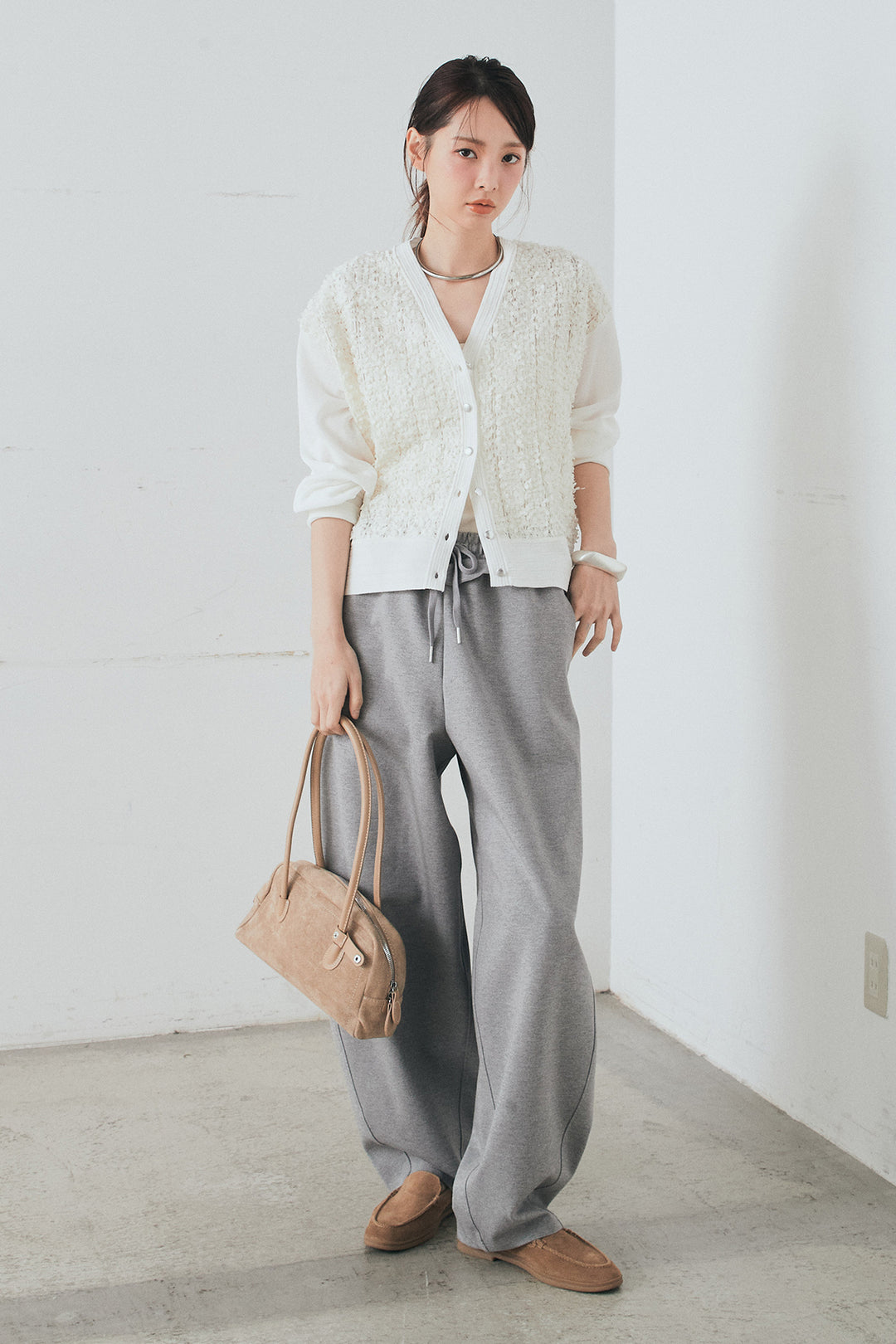 [SET]モコレースVネックカーディガン+カットダンボールウエストフリルカーブパンツ(2set)