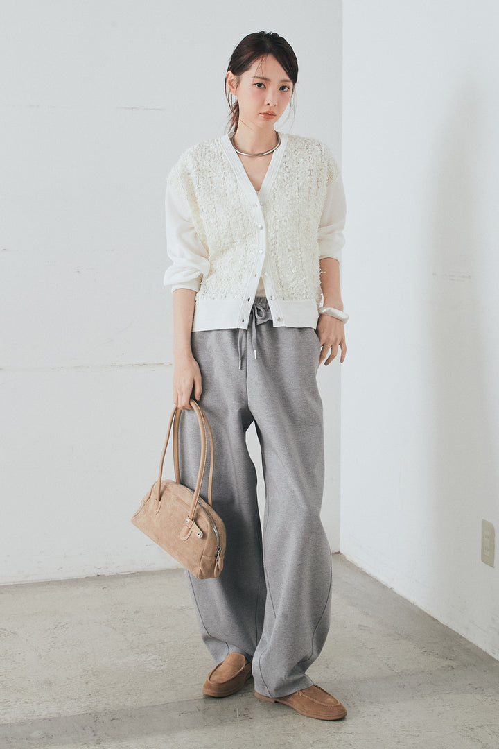 [SET]モコレースVネックカーディガン+カットダンボールウエストフリルカーブパンツ(2set)