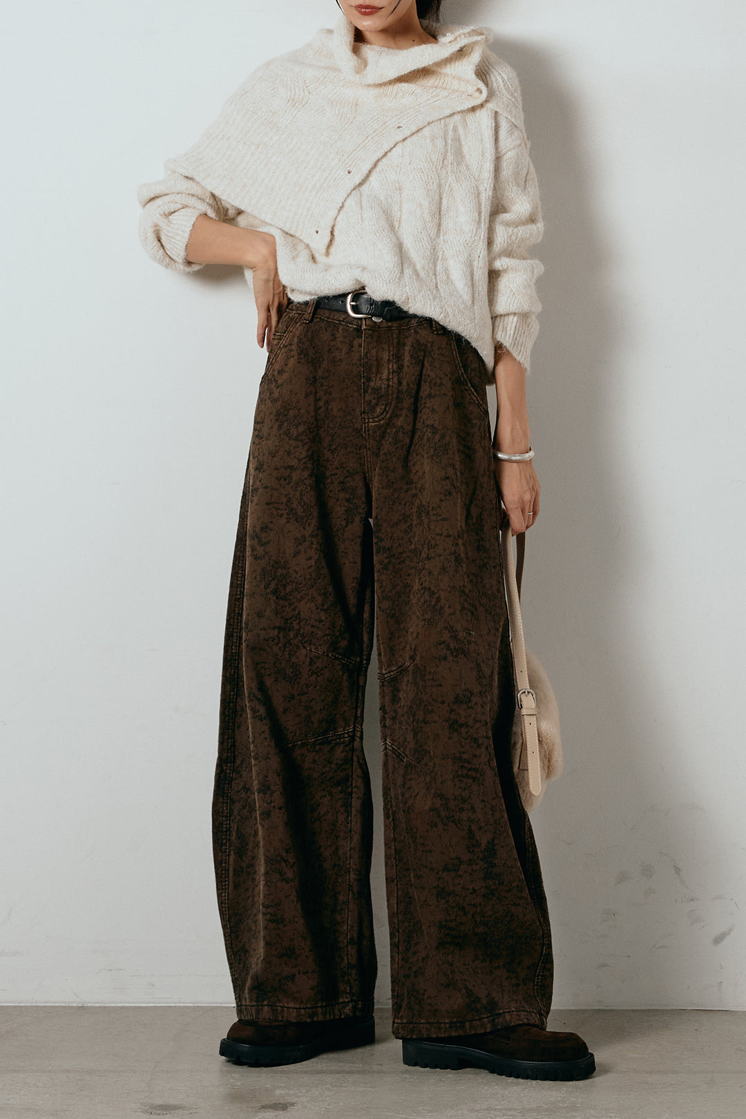 [SET]ケープデザインケーブルニットトップス+ベルト付きニュアンス柄カーブワイドパンツ(2set)