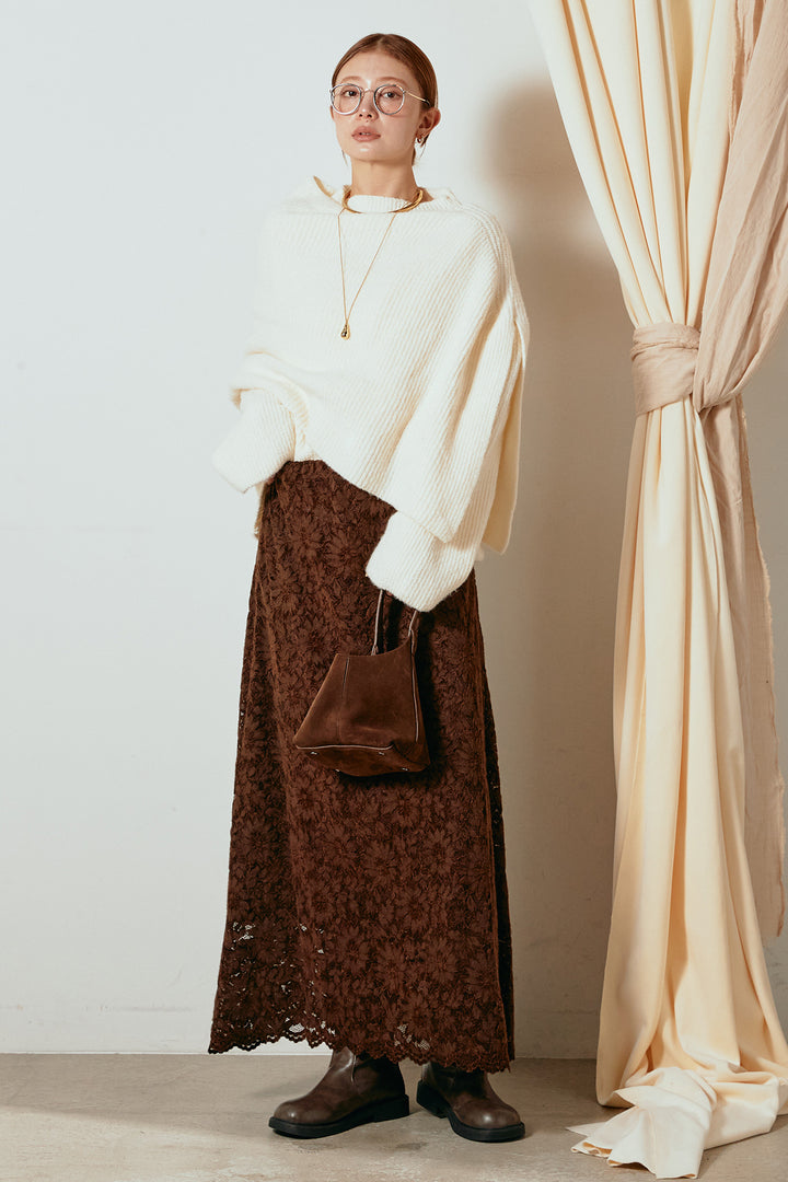 [SET]ケープデザインリブニットトップス+花柄刺繍ベロアフレアスカート(2set)