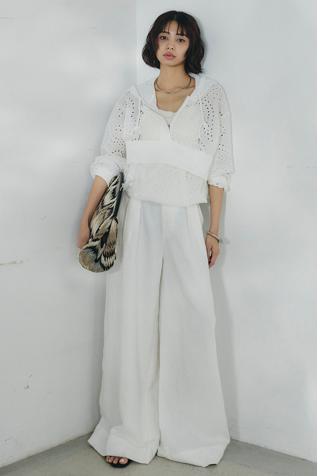 [SET]レースハーフジップアップフーディー+リネン混タックストレートワイドパンツ(2set)