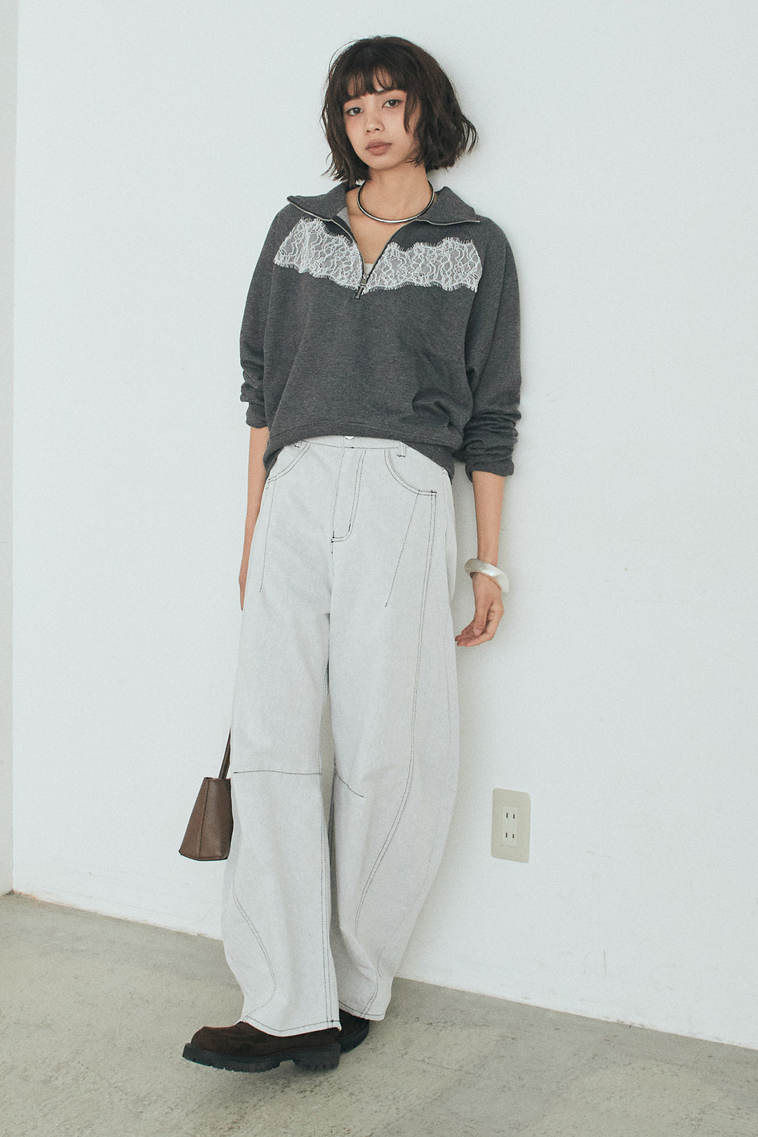 [SET]リバーレースハーフジップ裏毛スウェット+ツイル配色ステッチバレルパンツ(2set)