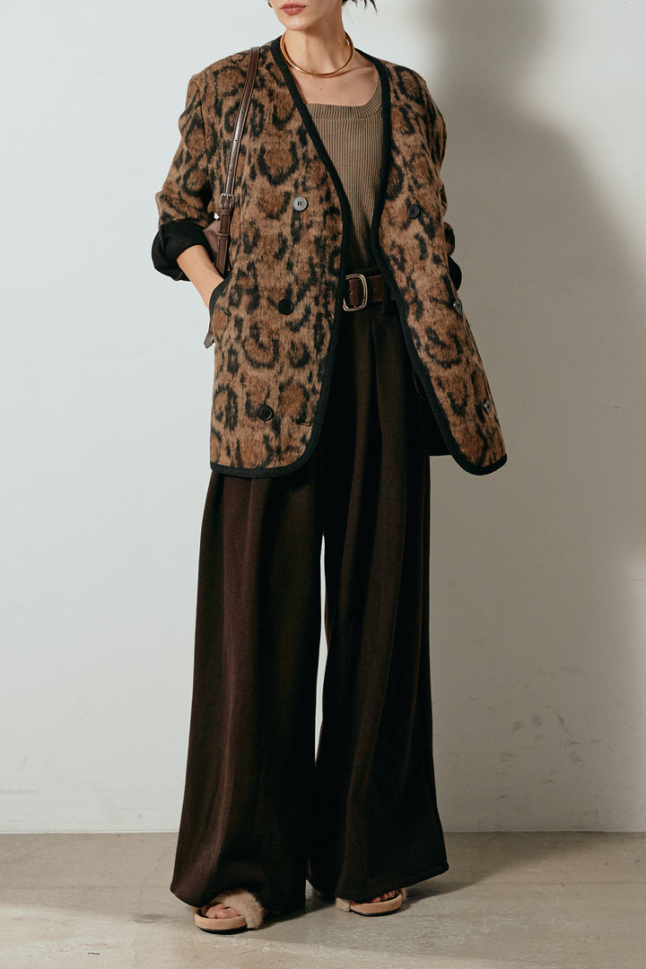 [SET]ノーカラーレオパード柄アウター+フェイクレザー太ベルト付きタックワイドパンツ(2set)