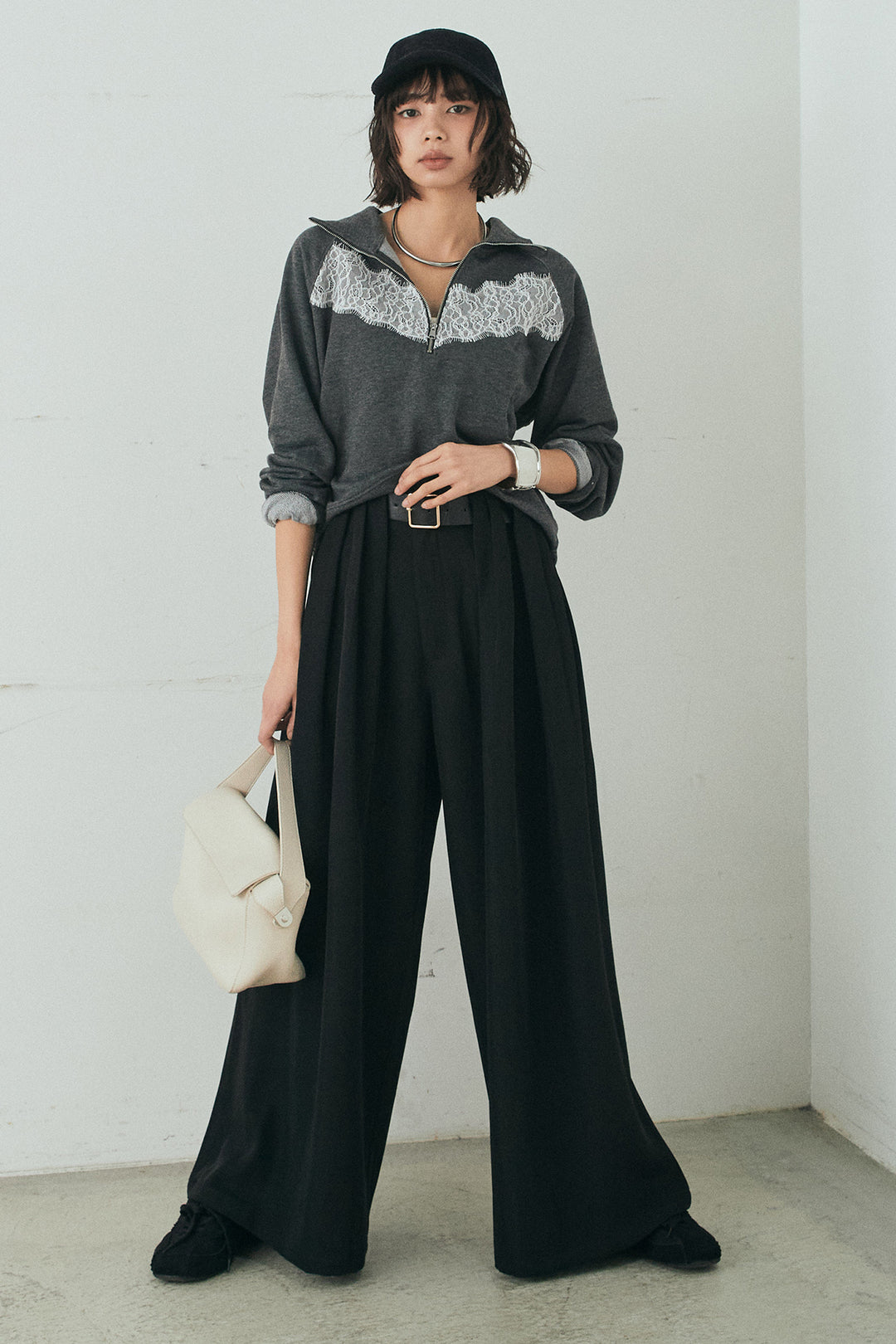[SET]リバーレースハーフジップ裏毛スウェット+ベルト付きタックデザインハイウエストロングパンツ(2set)