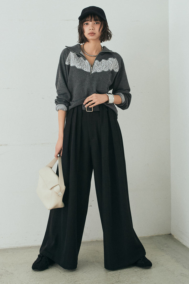 [SET]リバーレースハーフジップ裏毛スウェット+ベルト付きタックデザインハイウエストロングパンツ(2set)