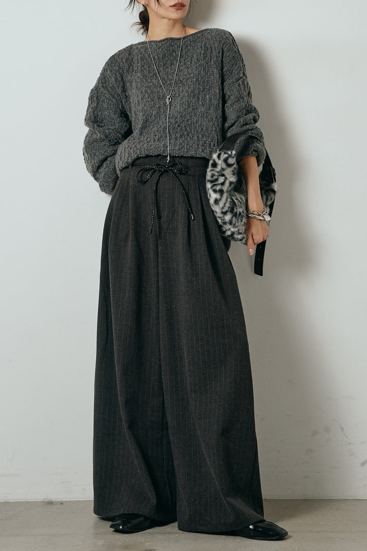 [SET]ボリューム編みニットプルオーバー+編みベルト付きピンストライプワイドパンツ(2set)
