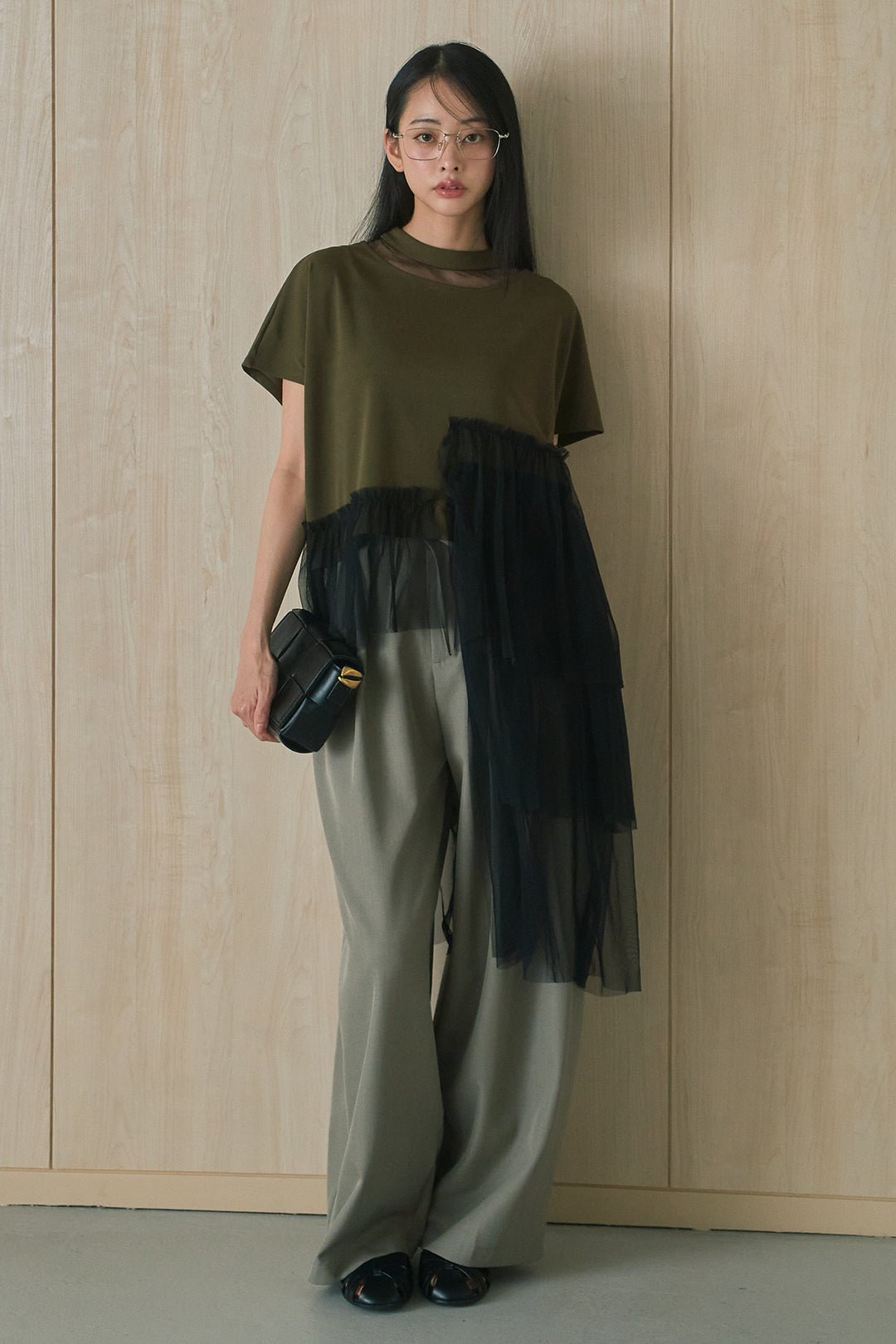 [SET]アシンメトリーチュールフリルTシャツ+ウエストデザインタックワイドパンツ(2set)