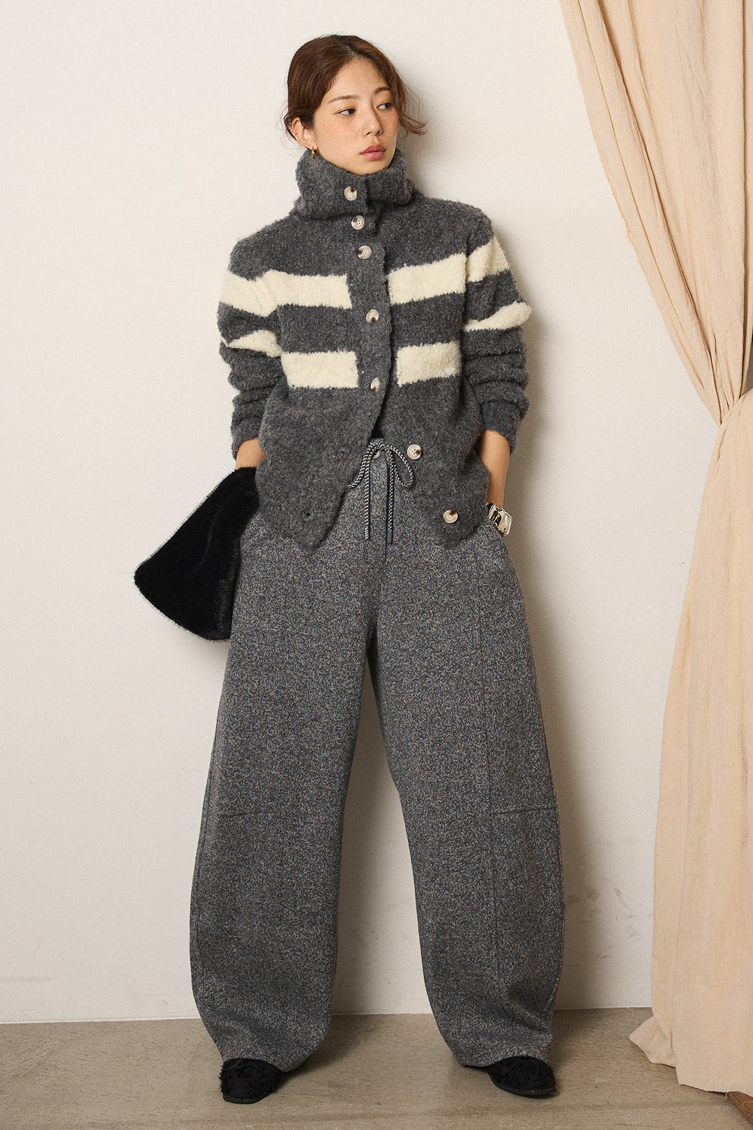 [SET]ハイネックボーダーニットカーディガン+杢ニットフレアパンツ(2set)