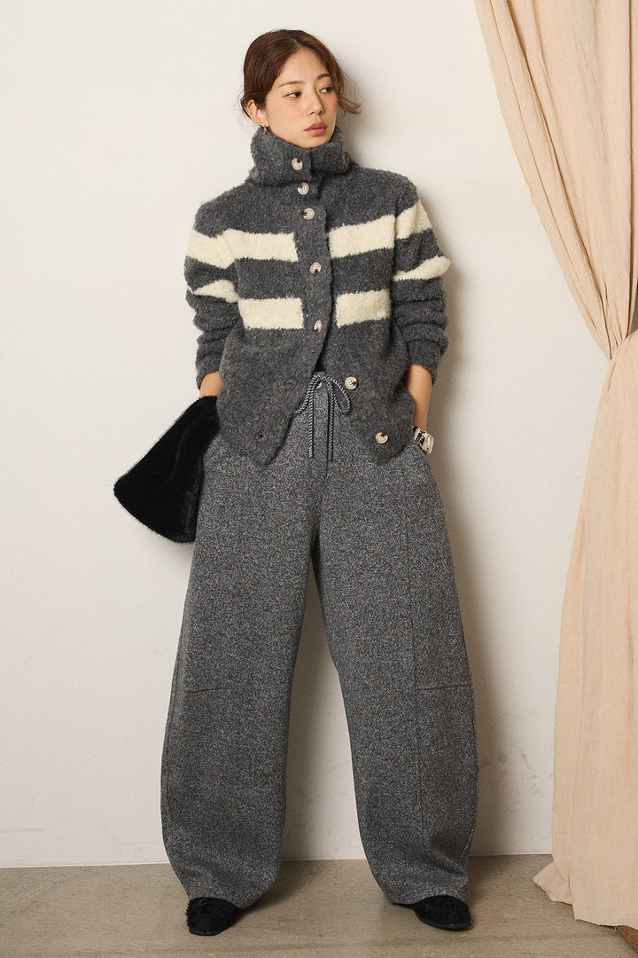 [SET]ハイネックボーダーニットカーディガン+杢ニットフレアパンツ(2set)