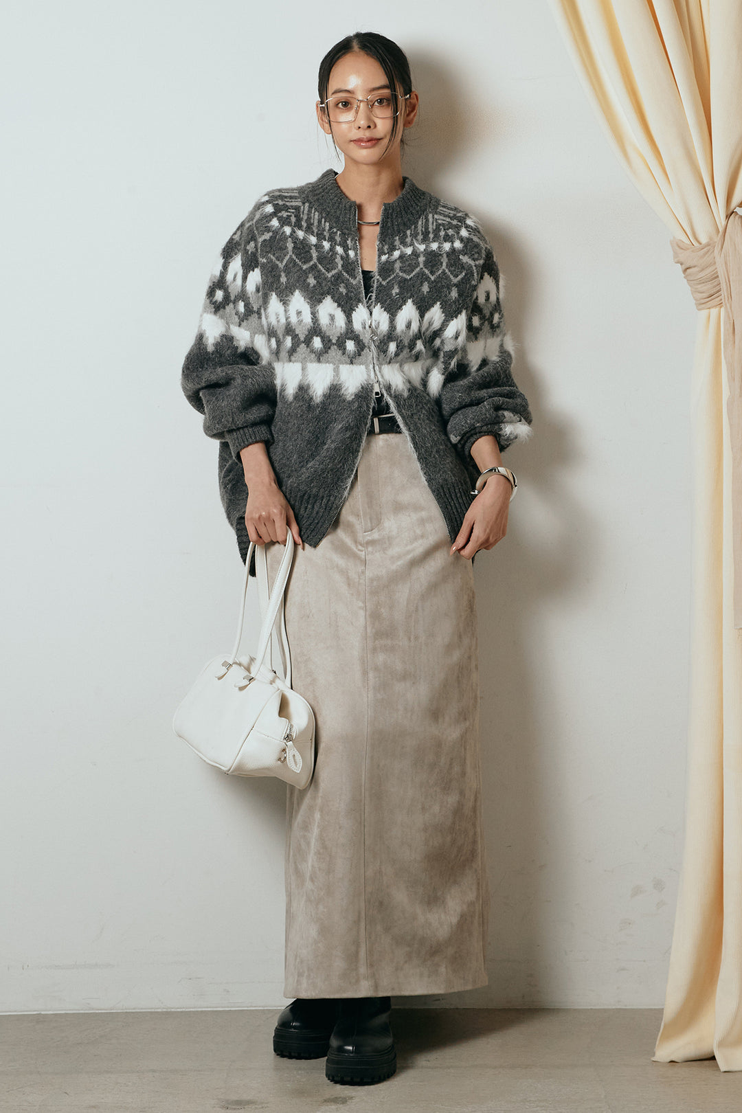 [SET]起毛ダブルジップパターンニットカーディガン+エコスウェードワイドスカート(2set)