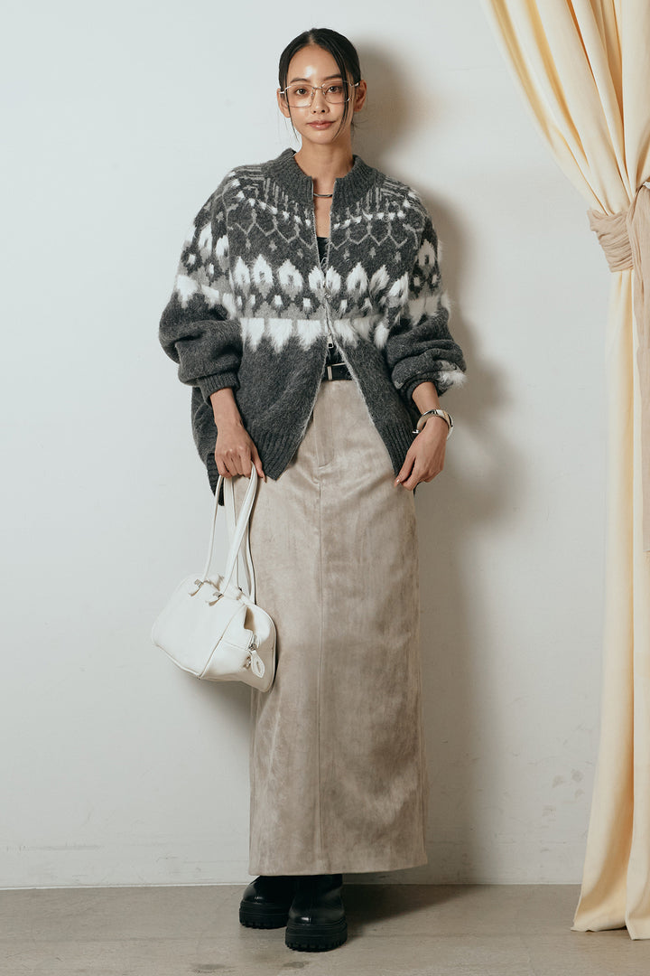 [SET]起毛ダブルジップパターンニットカーディガン+エコスウェードワイドスカート(2set)