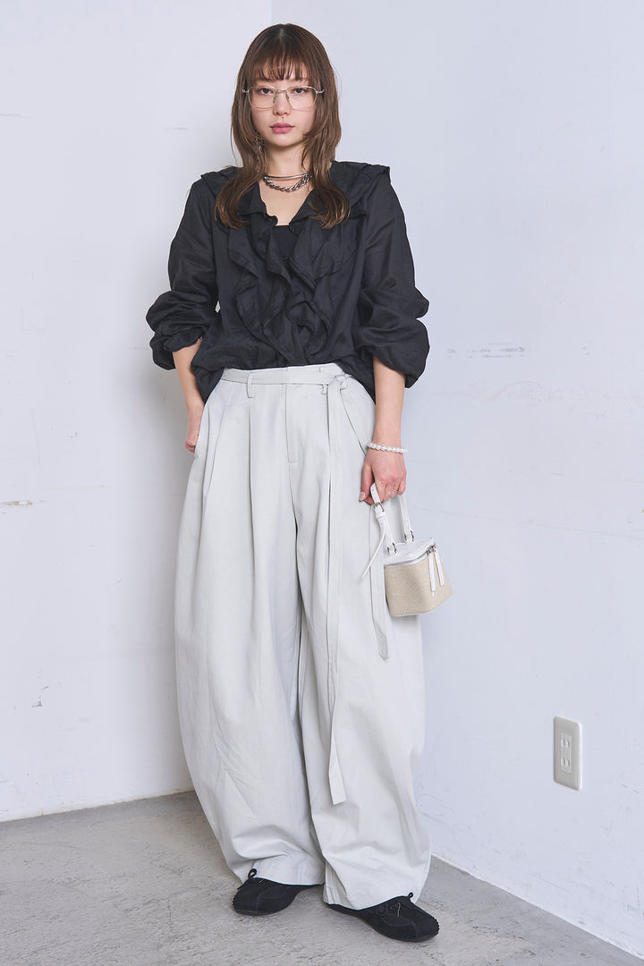 [SET]フリルボタンブラウス+紐ベルト付きカーブワイドパンツ(2set)