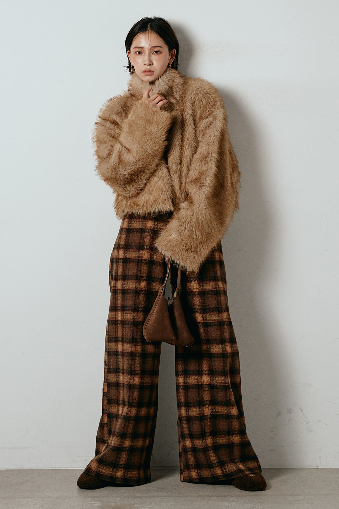 [SET]エコファーショート丈ブルゾン+ルーズタータンチェックワイドパンツ(2set)