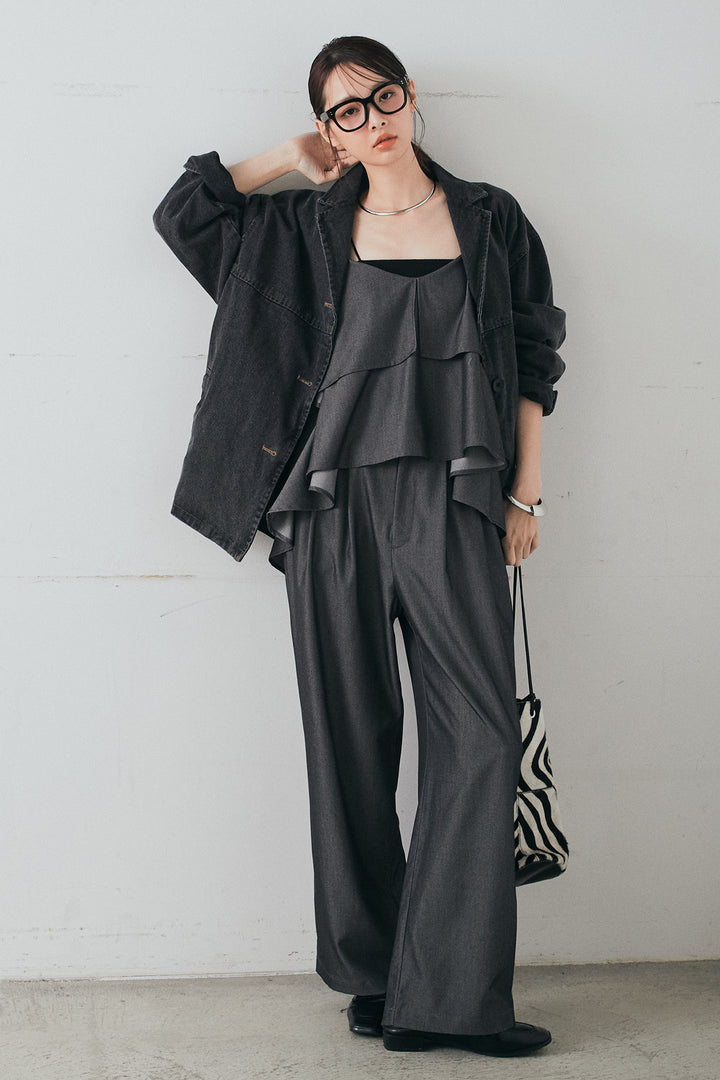 [SET]オーバーデニムジャケット+デニムライクツイルタックパンツ+デニムライクツイルティアードキャミソール(3set)