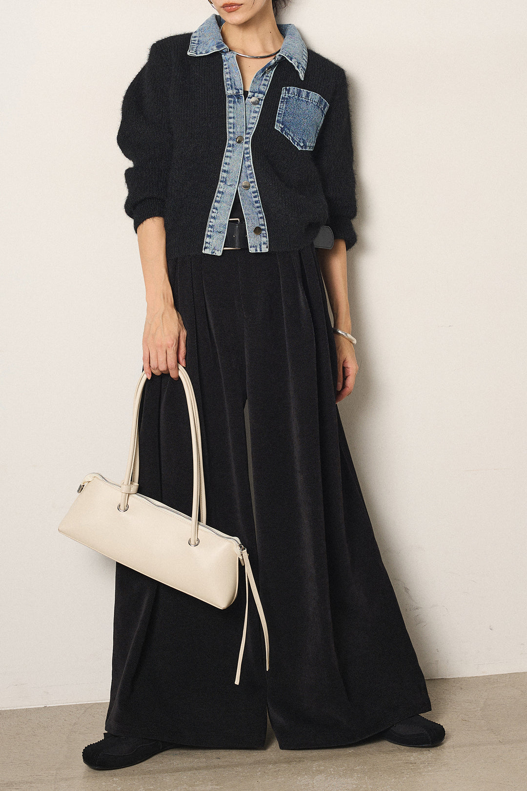 [SET]襟付きデニム切替ニットカーディガン+ベルトループコーデュロイワイドパンツ(2set)