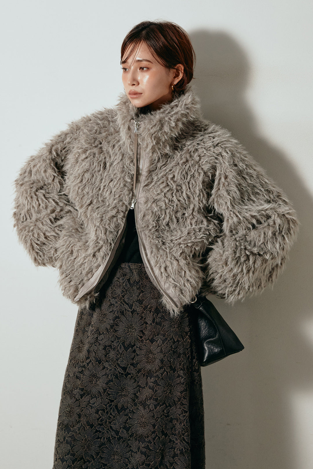 [SET]ミックスシープファースタンドブルゾン+花柄刺繍ベロアフレアスカート(2set)