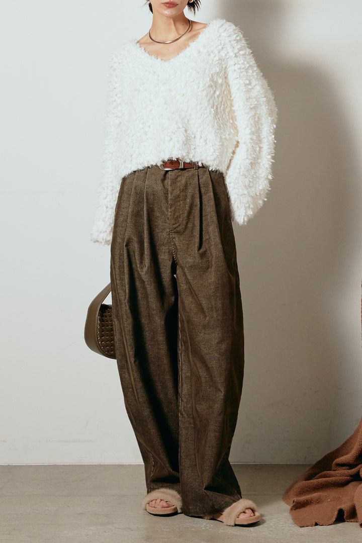 [SET]深Vネックチョウチョヤーンニットトップス+フロントタック入りコーデュロイパンツ(2set)