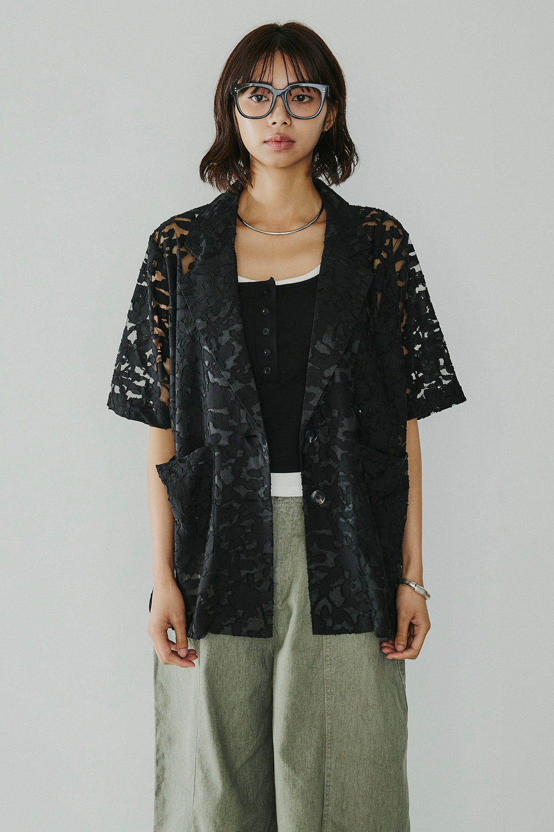 [SET]シアージャガードハーフスリーブテーラードジャケット+サイドベルトカーブワイドパンツ(2set)