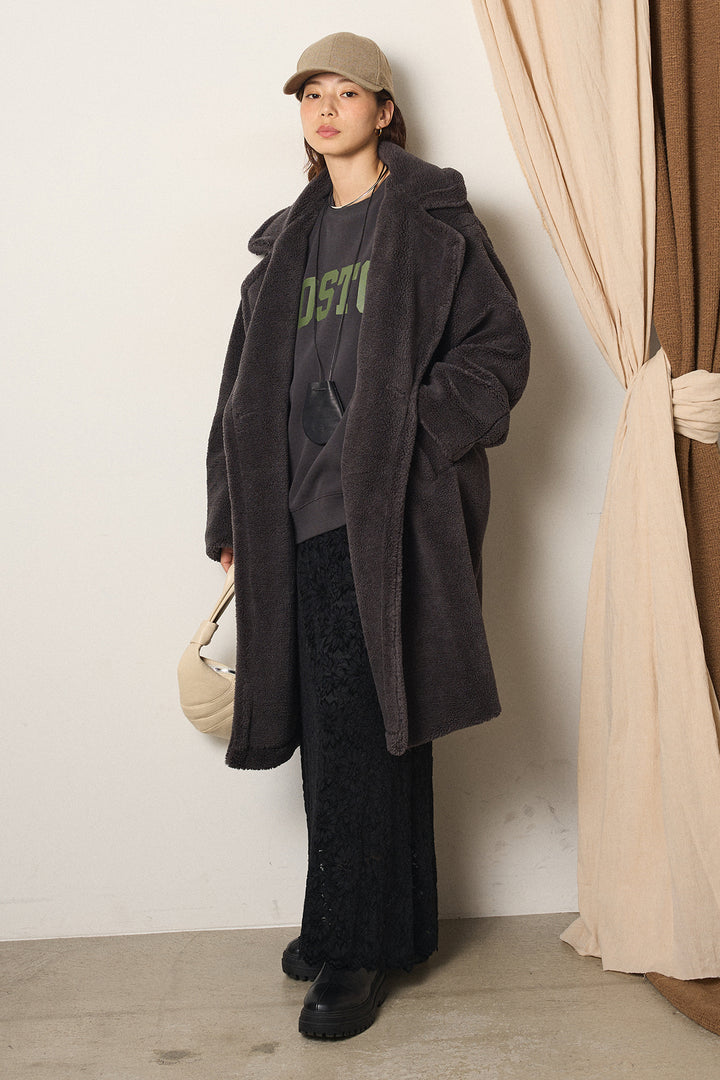 [SET]テディボアロングコート+ロゴデザインルーズスウェット+花柄刺繍ベロアフレアスカート(3set)