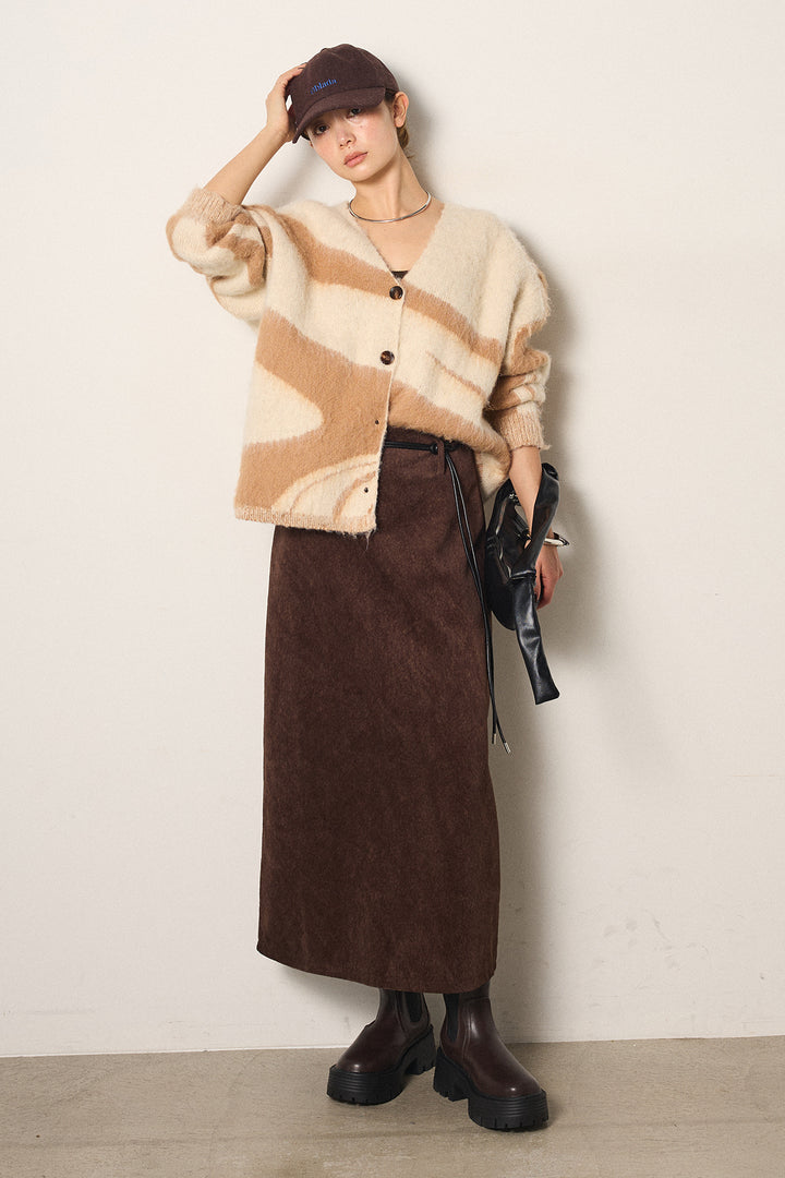 [SET]アクセントブラッシュドカーディガン+ロープベルト付きスウェード調スカート(2set)