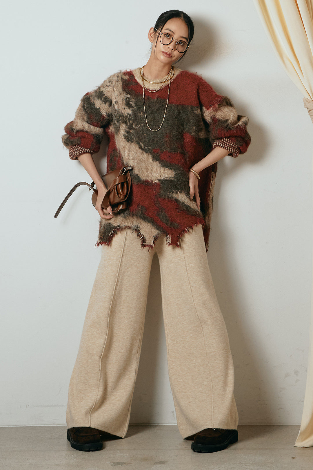 [SET]起毛裾デザインニュアンス柄ニットトップス+センターラインニットパンツ(2set)