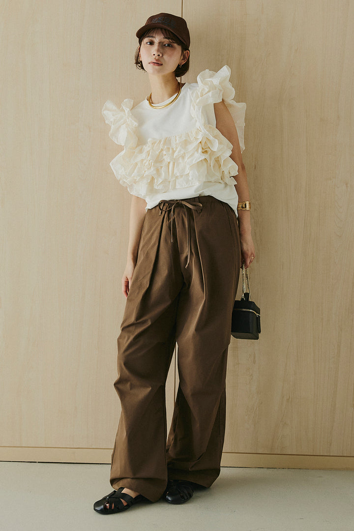 [SET]天竺ナイロンドッキングビスチェ風トップス+ニーサイドタックウエストドロスパンツ(2set)