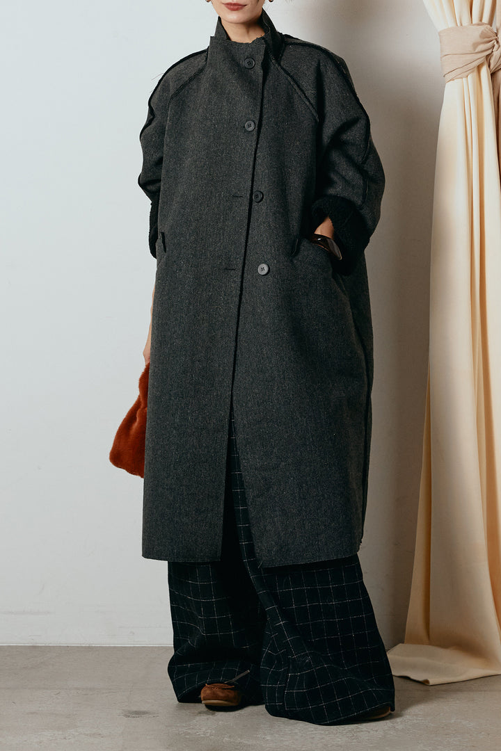 [SET]裏地ボアハイネックロングアウター+ウールライクチェックタックパンツ(2set)