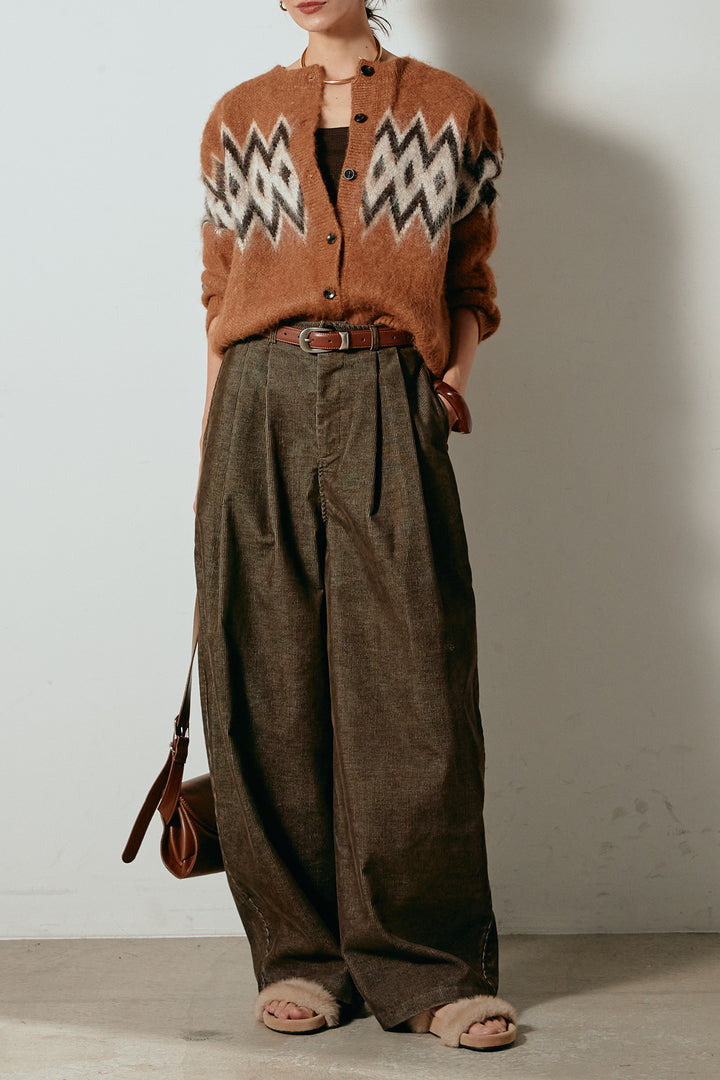 [SET]起毛ノルディック柄ニットカーディガン+フロントタック入りコーデュロイパンツ(2set)