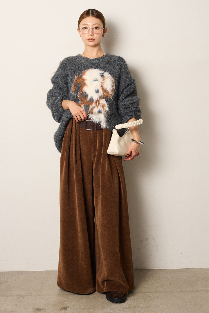 [SET]シャギーニュアンスアニマルニット+ベルトループコーデュロイワイドパンツ(2set)