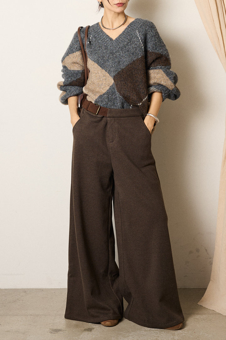 [SET]ルーズアーガイルVネックニット+サイドベルトパンツ(2set)