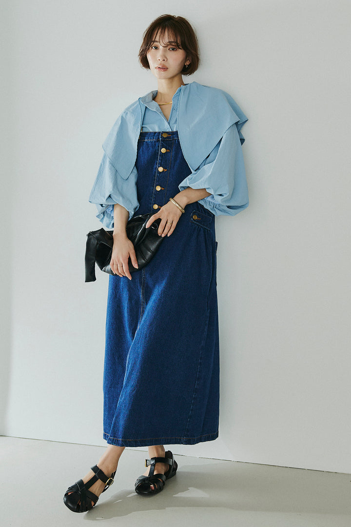 [SET]ケープカラーナイロンブラウス+配色ショルダーデニムサロペットスカート(2set)