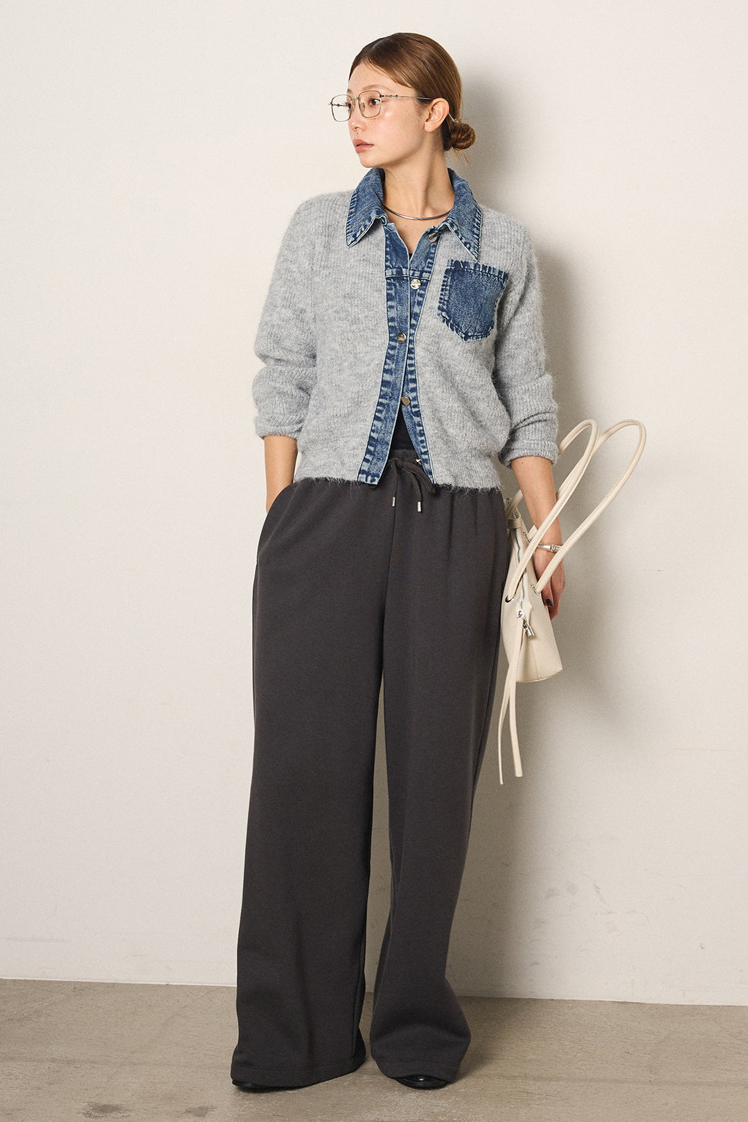 [SET]襟付きデニム切替ニットカーディガン+裏起毛スウェットワイドパンツ(2set)