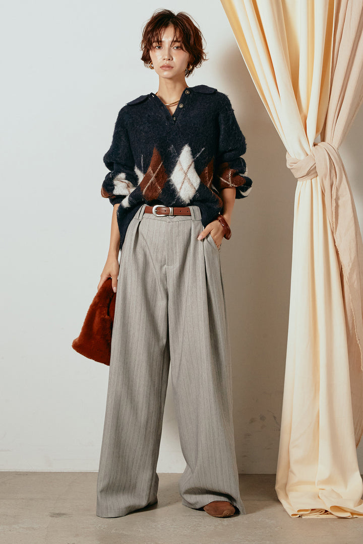 [SET]アーガイル柄ポロニットトップス+ストライプヘリンボーンパンツ(2set)