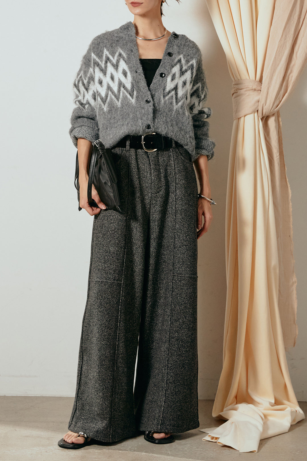 [SET]起毛ノルディック柄ニットカーディガン+太ベルト付きツイードワイドパンツ(2set)