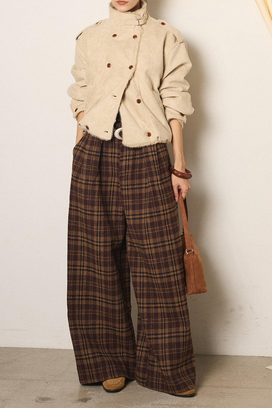 [SET]スタンド襟スウェードライクアウター+スタッズデザインベルトタータンチェックパンツ(2set)