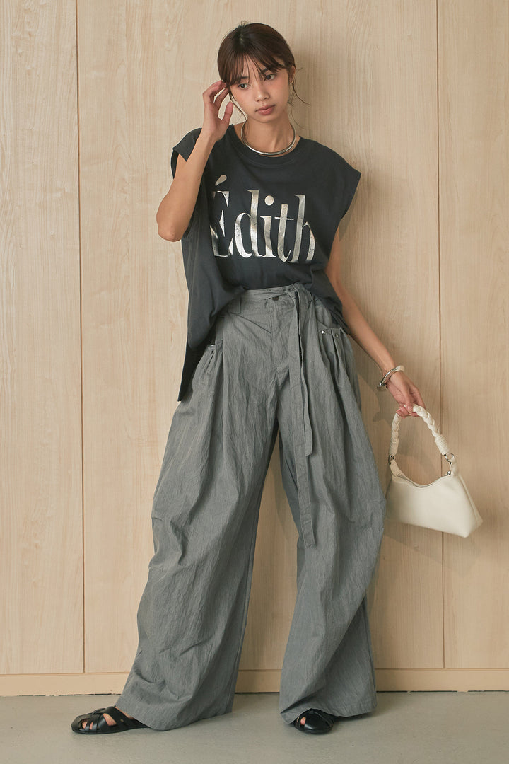 [SET]箔ロゴプリントノースリーブTシャツ+スタッズ付きポケットタックパンツ(2set)