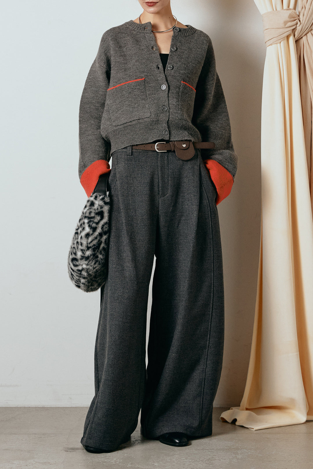 [SET]アルパカタッチダブルフェイスカーディガン+ポーチベルト付きカーブパンツ(2set)