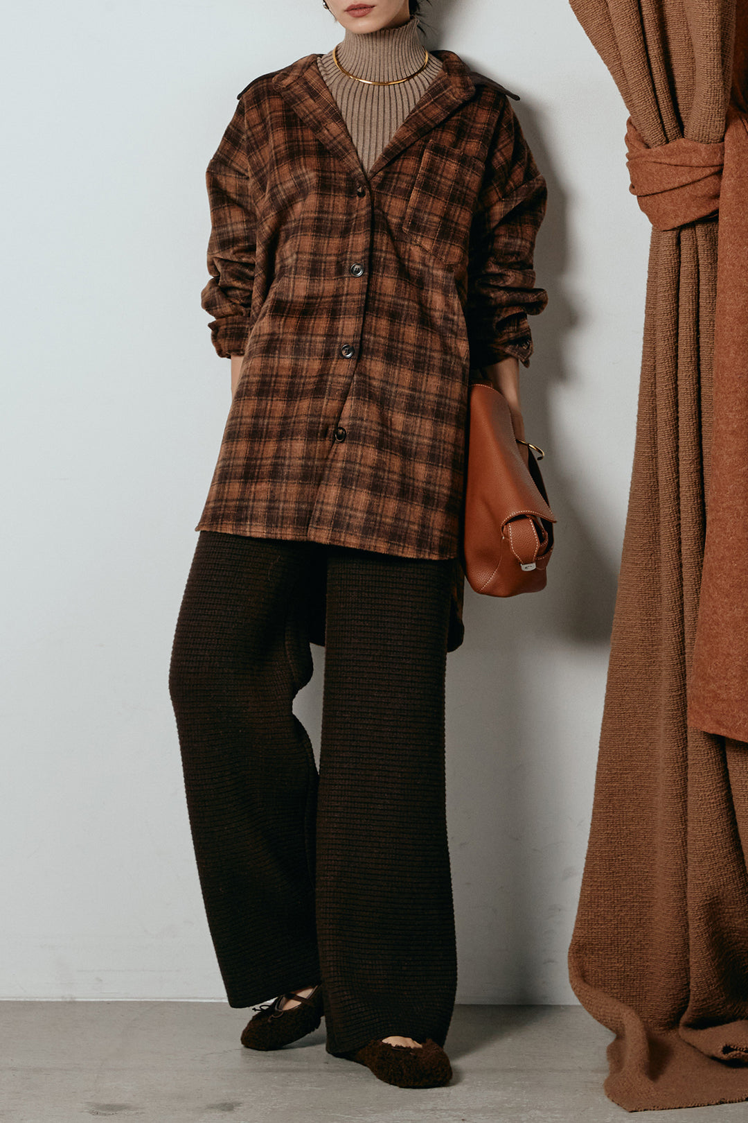 [SET]シャギーチェックシャツジャケット+ワイドリブニットイージーパンツ+リブニットシームレスタートルプルオーバー(3set)